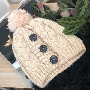 Cream ivory white Pom Pom knit winter beanie hat black buttons